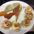 Artichokes with scallops, olive-oil, ginger, soy and honey