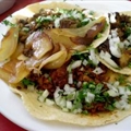 Chorizo, Bacon and Tongue Tacos with Guacamole and Pickled Onions