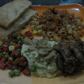 mac'n cheese, grilled chcken, mash potato in mushroom gravy and butterd veg