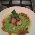 Monkfish rapped in Parma Ham served with pea & mint puree