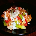 Mushroom ravioli with crab, asparagus, tomatoes and white wine cream sauce