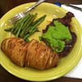 Pan Steak, Green Beans and Sliced Baked Potato