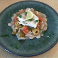Seared Halibut with butter beans and green olives