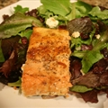 Seared Salmon Over Mixed Greens with Raspberry Vinaigrette & Candied Pecans