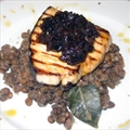Seared Tuna with Onion Marmelade Served On A Steaming Bed Of Green Lentils