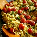 Spaghetti with lemon-herb chicken, cherry tomatoes and garlic gravy