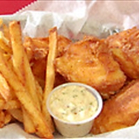 Beer Batter Fish and Spicy Chips with Lemon-Habanero Tartar Sauce and Serra