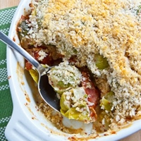 Brussels Sprouts with Smoked Bacon in a Mustard Cream Topped with a Parmesa