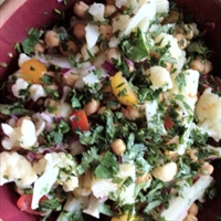 Cauliflower, Chickpea and Cherry Tomato Salad with Red Onion and Cilantro