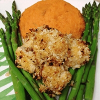 Crunchy Chicken Breast Bites with Sweet Potato Mash and Asparagus