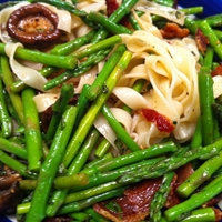 Fettucine Asparagus with Shiitake and Smoked Bacon