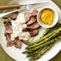 Grilled Flank Steak with Gorgonzola Cream Sauce and Asparagus