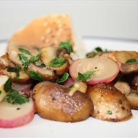 Lemon thyme infused mushrooms with backed radish