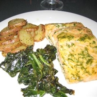 Salmon, Mustard Greens And Potatoes with Mustard-Dill Glaze Salmon, Mustard Greens And Potatoes with Mustard-Dill Glaze