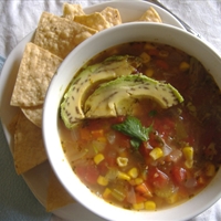 Turkey-Corn Soup with tortilla Chips and Avocado