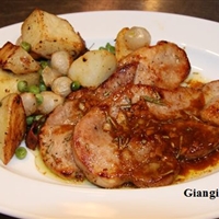 White Balsamic Pork CHops with Roasted Potatoes and Peas